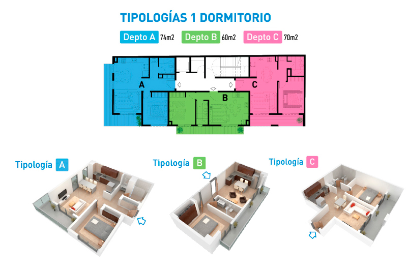 Render interior departamentos 1 dormitorio